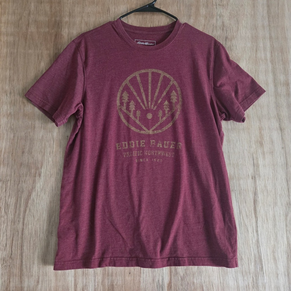 Eddie Bauer Mens Graphic Tee Pacific Northwest Maroon Burgundy Red Shirt Size M